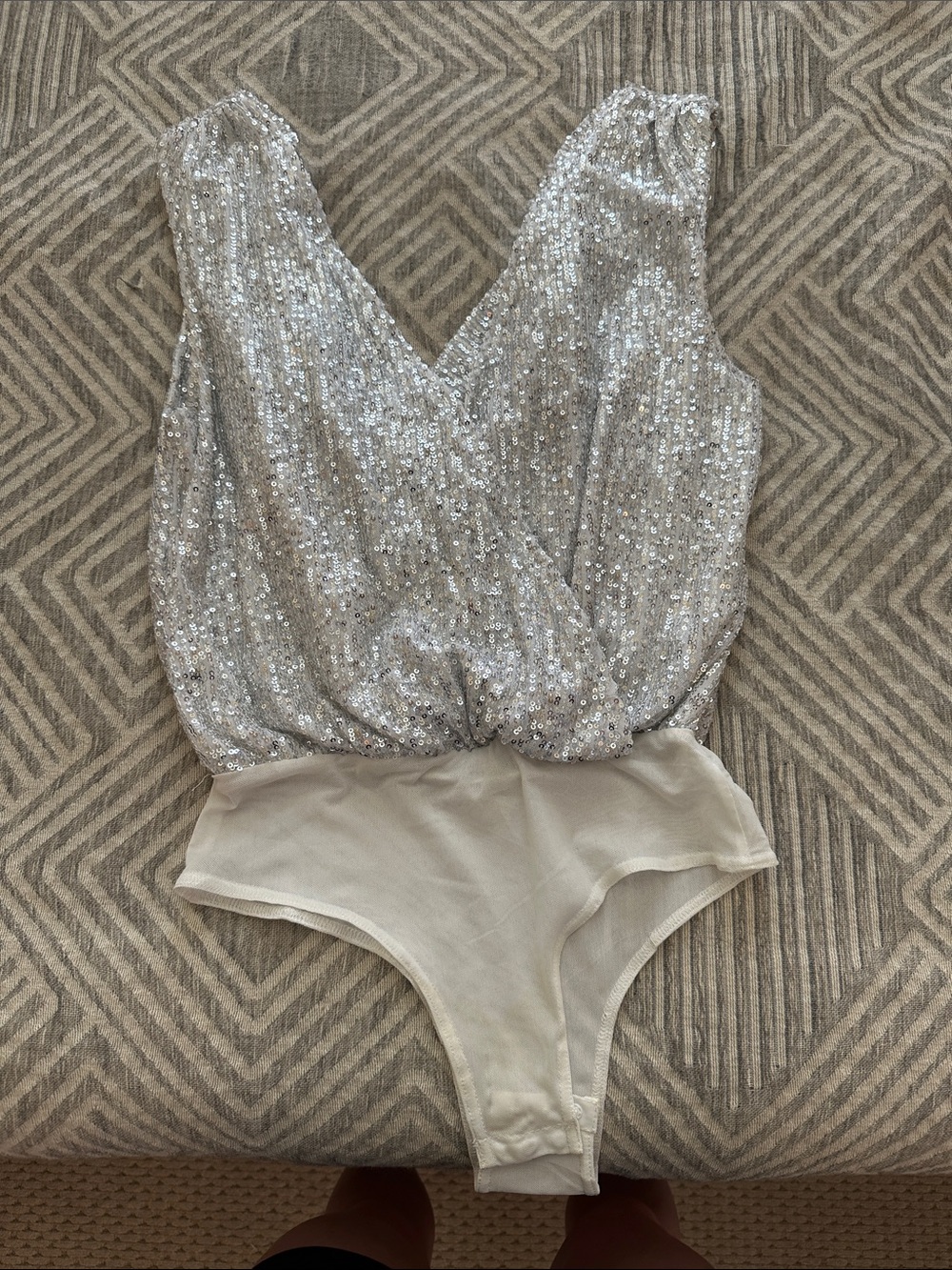Sequin V-Neck Bodysuit in Silver - Picture 1 of 2